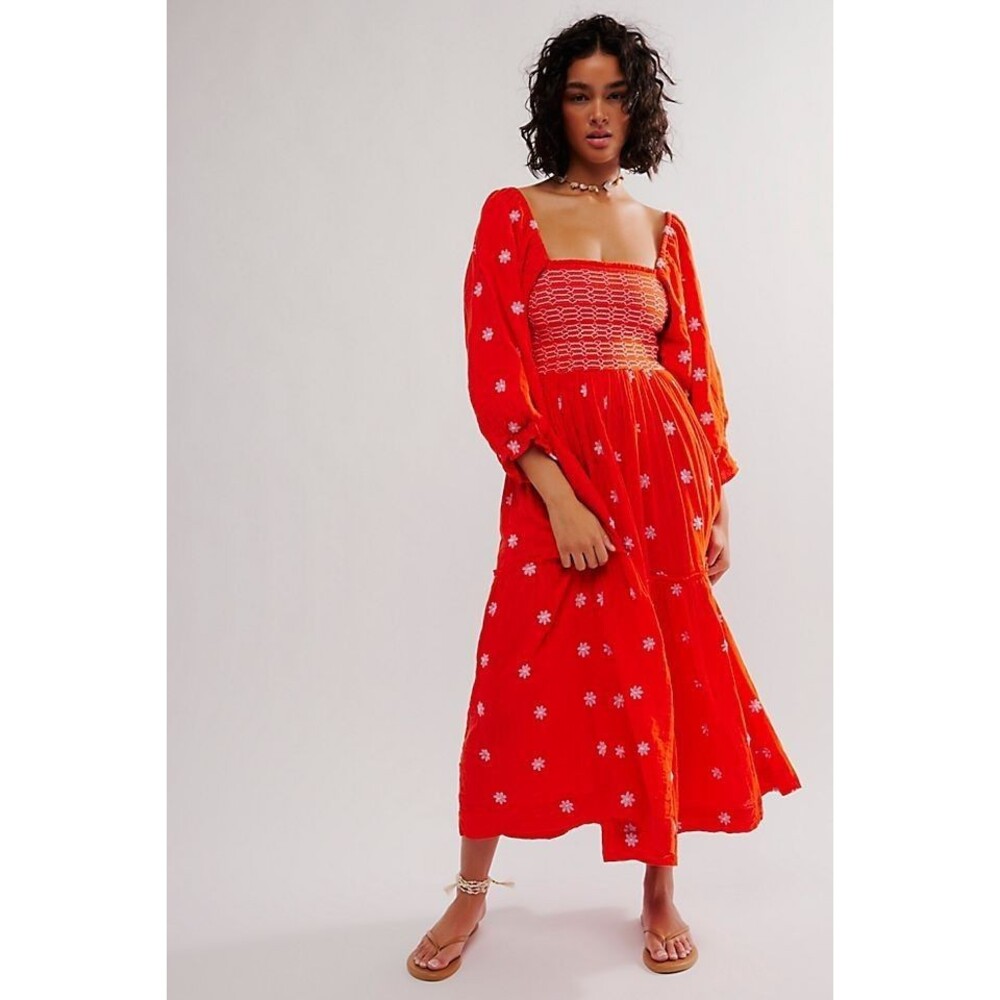 Free People Dahlia Embroidered Maxi Dress Orange Pink Large L NEW